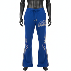 Pantalon évasé en polaire de qualité supérieure, coton doux, polyester, bleu, panneau contrasté, strass, transfert thermique, logo personnalisé, pantalon évasé en polaire - Product Image 1