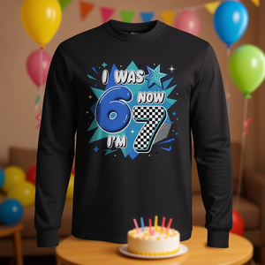Maglietta a maniche lunghe a quadretti blu con design 'Sono stato 6, ora sono 7' per bambini di 6 e 7 anni, promozionale - Product Image 3