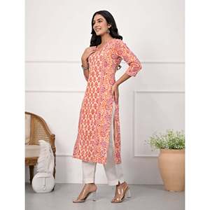 Pink Floral <b>Printed</b> Straight Kurti Butti <b>Block</b> Style Traditional Indian Ethnic Cotton Dress Rayon Daily Wear Party Ocasional Use - Product Image 3