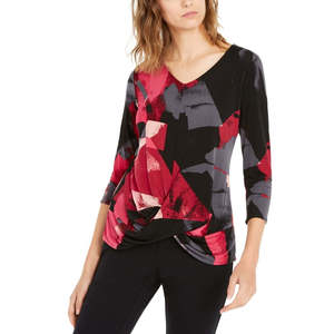 Top Casual da Donna Alfani Rosa XX-Large con Stampa, Drappeggiato, Maniche 3/4, Design Traspirante - Product Image 1