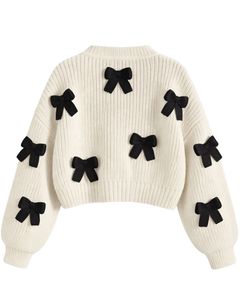 Manufacturer Customized <b>Women</b> <b>White</b> Cropped Knit <b>Cardigan</b> Sweater With Black Bow Appliques V Neck Button Front Fashion Winter - Product Image 5