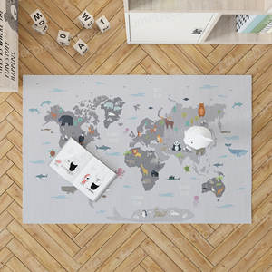 Tapis imprimé avec une carte du monde et des animaux - Tapis unique pour l'entrée, la chambre d'enfant, le bureau, tapis fin non tissé - Product Image 3