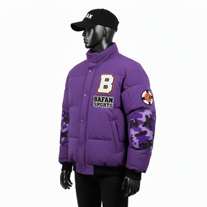 Mens Premium Purple Puffer <b>Jacket</b> Polyester Fabric Quilted Body <b>Camo</b> Elbow Panels Custom Embroidered Logo Puffer <b>Jacket</b> for men - Product Image 4