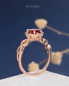Anillo de compromiso de Flor de Oro rosa macizo de 14K, 7mm, corte redondo, rubí cultivado en laboratorio, vástago dividido, anillo de Halo personalizable, varios tonos de Metal - Product Image 3