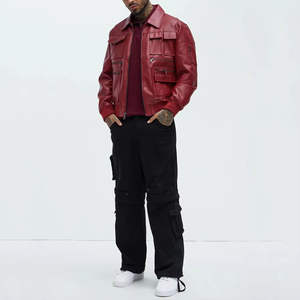 Veste cargo rouge en similicuir pour hommes, Streetwear multi-poches, style bombardier, nouveau design de mode - Product Image 1