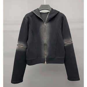 Sweat à capuche court zippé pour femme, 100 % coton, coupe ample, broderie frontale, design uni, effet délavé soleil, délavage acide, hiver - Product Image 2