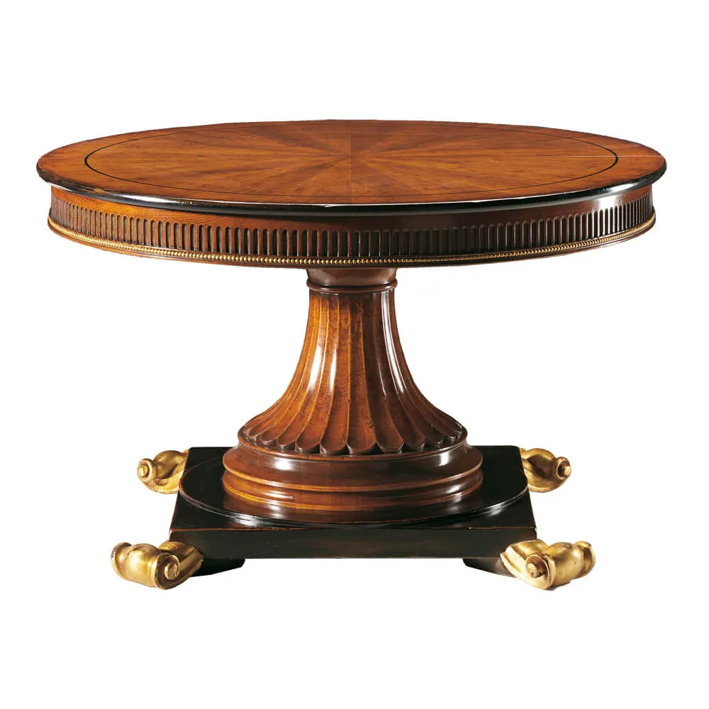 Bocca ccino ist ein ausziehbarer runder Walnuss tisch, inspiriert von einer 60cm langen Verlängerung im lombardi schen Stil aus dem 19. Jahrhundert