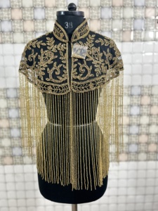 Longue frange noir Cape doré perles cristal décoration respirant Organza tissu pour femmes vente chaude dames culture châle hauts - Product Image 2