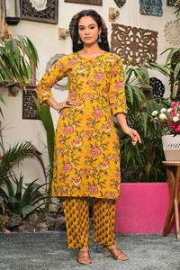 Salwar Kameez en coton imprimé floral jaune moutarde pour femmes, manches 3/4, vintage, été, fête, décontracté, vêtements ethniques - Product Image 2