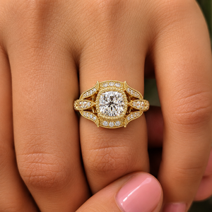 แหวนเพชรทรงคุชชั่นคัทจากธรรมชาติ ได้รับการรับรองจาก IGI ทอง 14K แหวนหมั้นแบบวินเทจทรงฮาโลสำหรับผู้หญิง เครื่องประดับเจ้าสาว - Product Image 2