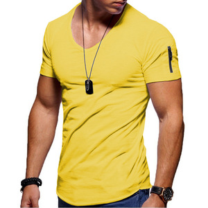 T-shirt de haute qualité pour hommes, couleur unie, col en V, manches courtes extensibles de grande taille, manches courtes, logo personnalisé, vêtements de sport décontractés - Product Image 3