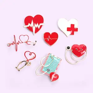 Cheap Custom Stethoscope Badge Doctor Nurse Enamel Pins Red Heart Electrocardiogram Lapel Pin