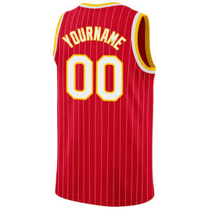 Maillot de basketball authentique personnalisé rouge et blanc sans manches, respirant, en tissu 100 % polyester, avec techniques d'impression blanc-or - Product Image 3