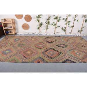 Tapis Kilim Turc Vintage Écologique Pile Moyenne Classique Vert Marron Patchwork Design Laine Latex Forme Rectangle (6.3X12.8) - Product Image 1