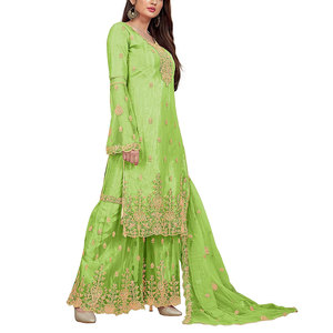 Salwar Kameez en soie brodée pour femmes, 3 pièces non cousues, couleur unie, style décontracté pour mariage/fête/occasions décontractées - Product Image 3