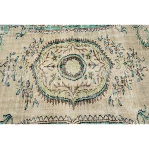 Tapis Oriental Vert Beige Laine 4.2X7.3 ft Fait Main Turc Aubusson Design pour Salon Couloir Patchwork Rectangle Latex - Product Image 5