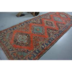 Alfombra turca Vintage de 4 pies, 6 pulgadas x 12 pies y 3 pulgadas, diseño de retazos rojo y azul, tejido plano, respaldo de látex de lana para decoraciones de sala de estar - Product Image 2