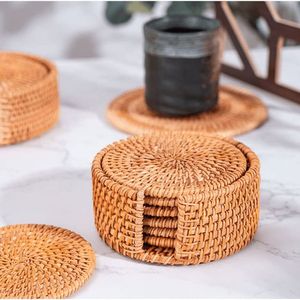 High Quality Handwoven round Rattan <b>Coasters</b> <b>with</b> <b>Holder</b> Classic Pottery Insulated Heat Woven Placemats Eco-Friendly <b>Coaster</b> <b>Set</b> - Product Image 3