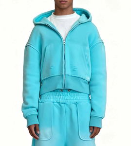 Unisex Cyan Crew Neck Tracksuit Set Elastic Waist Breathable Lightweight Loose Fit Solid Color Cotton Casual Wear Streetwear - Product Image 3
