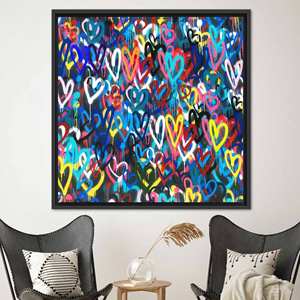 Toile imprimée Banksy Love Hearts : Œuvre d'art graffiti colorée, TOILE ENCARTÉCHÉE NOIRE - Product Image 1