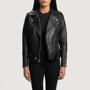 Chaqueta de Motociclista Slim para Mujer Rumy, Negra, de Cuero PU, con Capucha, Cuello de Satén, Piel Sintética, Logotipo Personalizado, Relleno de Poliéster, Otoño, Talla XL, Estampada - Product Image 1