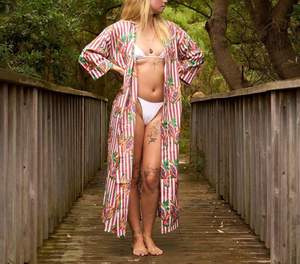 Papaya Pink Stripe Cotton Kimono Robe Ligero Hecho a mano Bohemio-Casual Mini-Longitud Vestido Suave Algodón Elegante Loungewear - Product Image 3