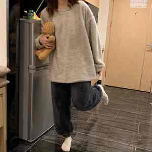 Ensemble de pyjamas en polaire d'hiver pour femmes velours solide 2 pièces pantalon en flanelle maison costume chaud moelleux décontracté vêtements de nuit tissu peigné - Product Image 3