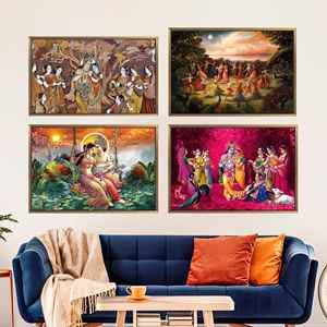 ชุดภาพศิลปะติดผนังฮินดูรัฐะคริสนา พิมพ์บนผ้าแคนวาส ของตกแต่งสไตล์เวท ชุด 4 ชิ้น กรอบสีทอง - Product Image 1