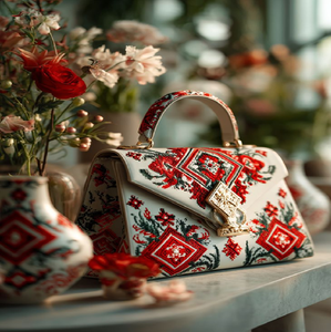 Sac à main de luxe à fleurs en relief avec des détails dorés et des accents de rouge vif. Chic. Disponible à prix de gros. - Product Image 5