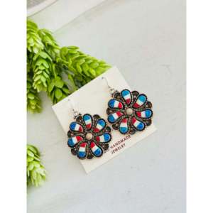 Zuni Handmade Opal (<b>Man</b>-Made) & Sterling Silver <b>Dangle</b> <b>Earrings</b> Drop Design with Floral Pattern - Product Image 4