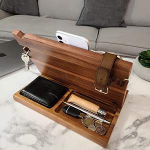 Wooden Docking Station Men Nightstand Organizer Bundle w/RFID Blocking - Charging Station Cell <b>Phone</b> <b>Stand</b> Tab - Product Image 2