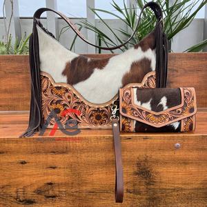 Latest Fashion High Quality Hand Tooled Hair-On Genuine Leather Sunflower Design <b>Handbag</b> & Clutch 2 Piece Combo Set for Women's - Product Image 1