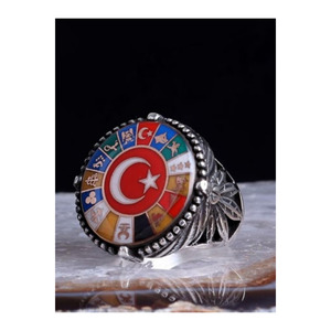 Anello da Uomo in Argento con Mezzaluna e Stella, Sigillo della Storia dell'Impero Turco - 16 Stati - Product Image 1