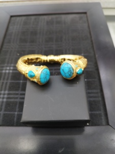 Byzantine Style Open <b>Bangle</b> <b>Bracelet</b> Gold Tone with Red Gemstone Handmade Luxury Jewelry - Product Image 4