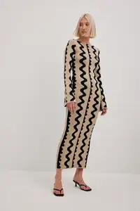 2023 Herbst Custom Party Abendkleid Rundhals ausschnitt Leopard Jacquard Ausgestellt Langarm Strick Maxi Damen Pullover Kleid