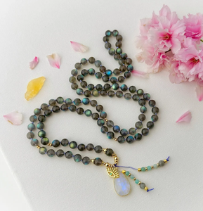 Trendy Goddess Mala Necklace with <b>Rainbow</b> Labradorite Mala Beads, Moonstone Mala Fringe Beaded Bandana - Product Image 2
