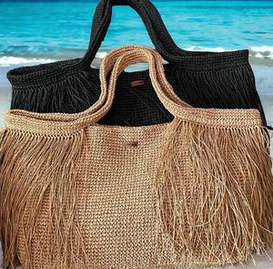 Bolso Tote de Rafia con Flecos de Crochet: Bolso de Playa Boho Grande - Product Image 1