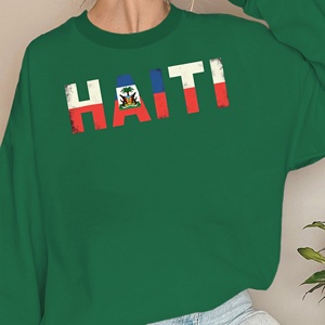 Sweat-shirts décontractés pour femmes à col rond, imprimés par transfert thermique, avec éléments du drapeau d'Haïti, 100% polyester - Product Image 1