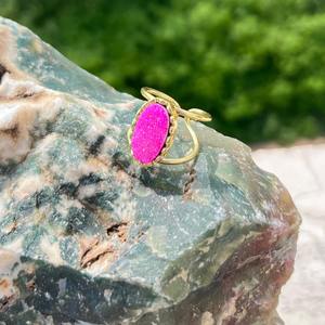 Natural sugar agate druzy open ring brass gold plating oval shaped crystal gemstone <b>fashion</b> <b>accessories</b> unisex gift - Product Image 3