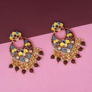 Pendientes colgantes finos Kriaa Brown Meenakari y Beads Kundan modelo 1314212B - Product Image 1