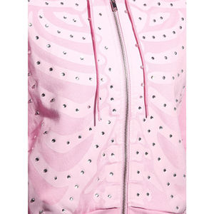 Custom High Quality Zip up Hoodie <b>Crop</b> <b>Top</b> Rib Hem Long Sleeve <b>Pink</b> Rib Cage Rhinestone Girls Women Hoodie - Product Image 5