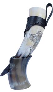 Bonne qualité 100% support de corne naturelle support en cuir Viking corne à boire tasse Collection poli religieux Animal Style artisanat - Product Image 4