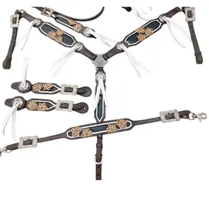 Blumen schnitzerei und weiße Schnur Western Horse Leder Tack Set Heads tall Bridle Brust kragen mit echtem Argentinien Leder