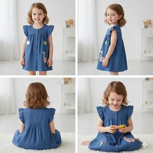 Abiti Occidentali per Bambine OEM ODM di Fabbrica, Vendita all'Ingrosso di Eleganti Vestiti in Denim Senza Maniche con Arricciature per Bambine - Product Image 3