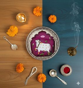 Plateau de service en métal artisanal en argent allemand, motif vache Pichwai |   Personnalisable pour les mariages, les pooja, les fruits secs, la décoration de la maison, les cadeaux - Product Image 4