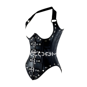Corset gothique noir en cuir avec baleines en acier et bretelles – Vente en gros - Product Image 3
