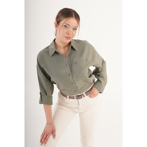 Blusa de Mujer Lustrin a Rayas, Color Caqui, con Corte Drapeado, Mezcla de Modal, Viscosa y Poliéster, Elegante y Casual para Oficina - Product Image 1