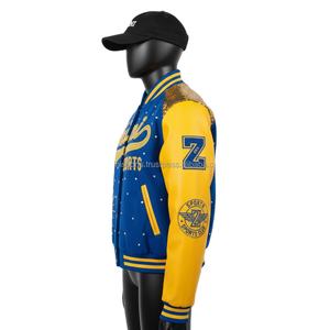 Chaqueta Universitaria para Mujer, Diseño de Paneles Azul y Amarillo, Mangas con Bordado Chenille Personalizado, Logotipo con Pedrería - Product Image 3