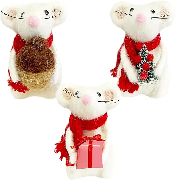 Adornos navideños Ratones de lana de fieltro Adornos para árboles de Navidad, fieltro hecho a mano Ratón lindo Decoración navideña Lana Animal encantador