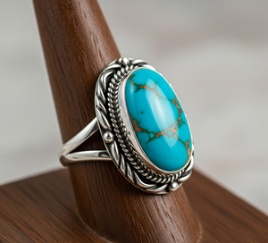 Anillo de Plata de Ley 925 con Turquesa, Piedra Central Cabujón, Joyería Artesanal con Piedras Preciosas, Regalo para Uso Diario - Product Image 1